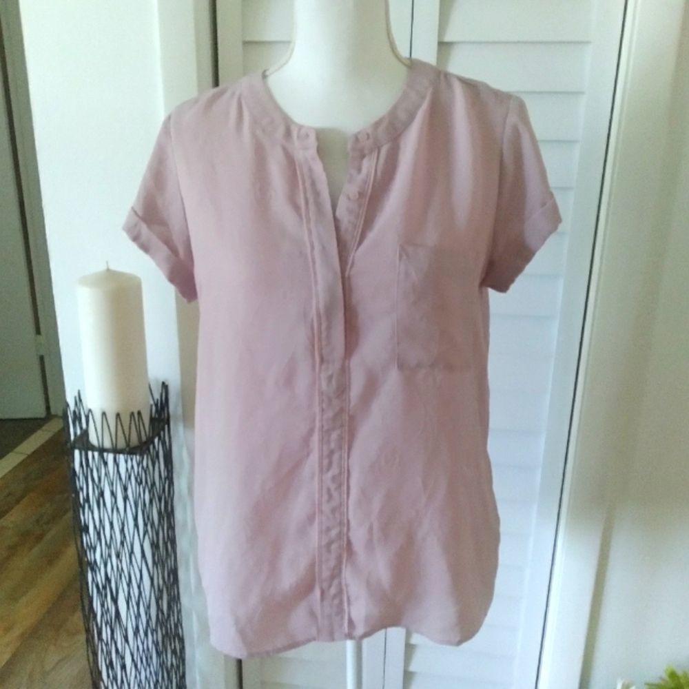 SIMPLY Vera‎ Wang womens blush pink short rolled sleeve button-down blouse PM
